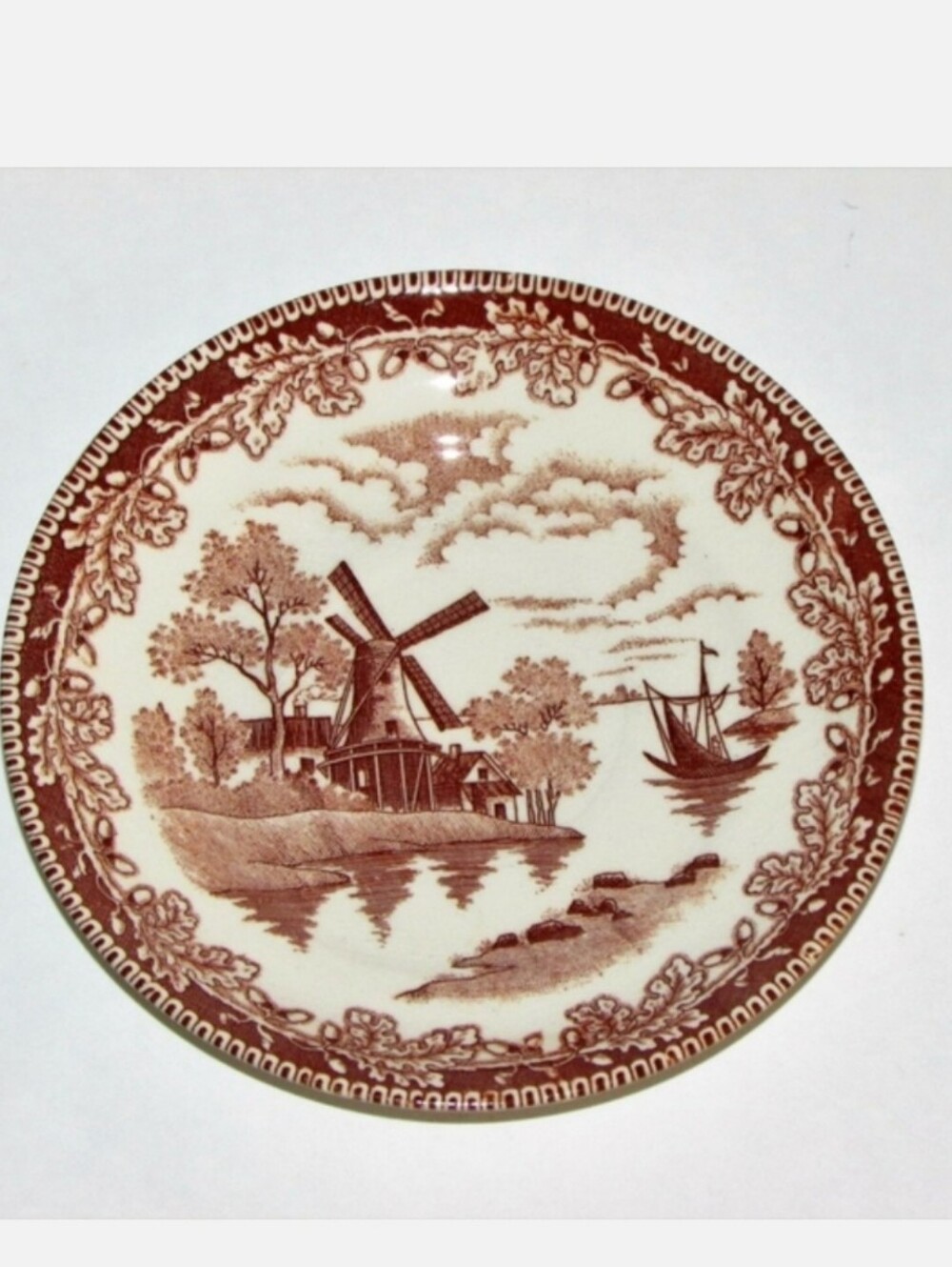 Vintage Brown Transferware Saucer Windmill Boat Oak Leaf Plate Japan Decor Dish